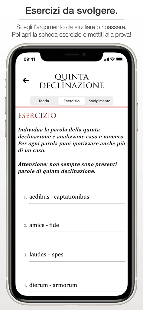 iLatinista (PRO) - Latin fifth declension grammar exercise screen in the iLatinista app