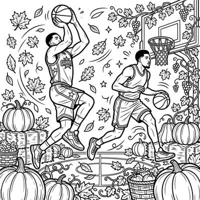 Experience the thrill of basketball combined with the cozy charm of autumn in this unique coloring page. Dynamic NBA shooting guards are set against a backdrop of falling leaves, pumpkins, and harvest delights, ready for your creative touch.