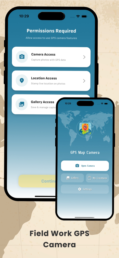 Interface of the GPS Camera app showing required permissions and main menu for field work documentation