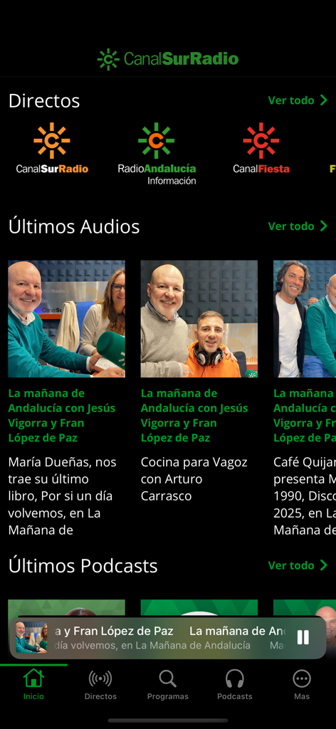 Home screen of the Canal Sur Radio mobile app featuring live stations and latest audio programs