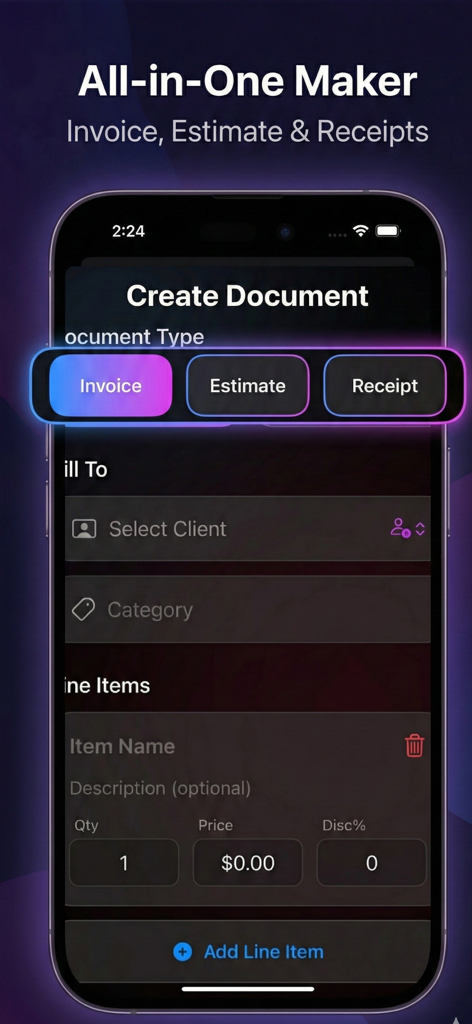 Una pantalla de iPhone que muestra la interfaz para crear facturas, presupuestos y recibos para pequeñas empresas.