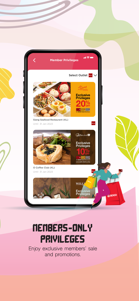 MYSOGO app member privileges screen showing restaurant discounts and exclusive offers.