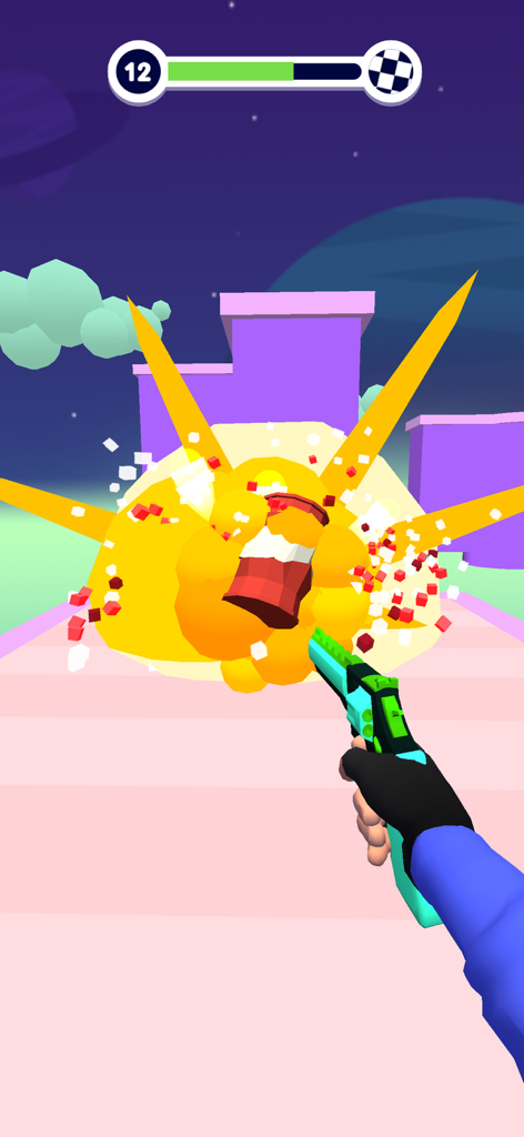 First person shooter gameplay with pixel graphics and an exploding barrel