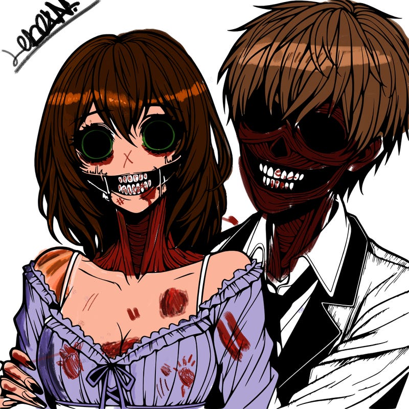 realistic scary creepy girl and boy couple romance horror anime