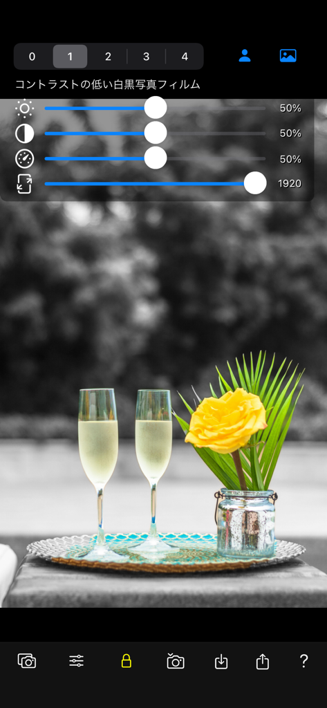 Color Focus Lens - Interface of Color Focus Lens app showing a yellow rose and champagne glasses in color with a blurred black and white background.