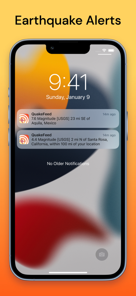 iPhone lock screen displaying real-time earthquake notifications from QuakeFeed