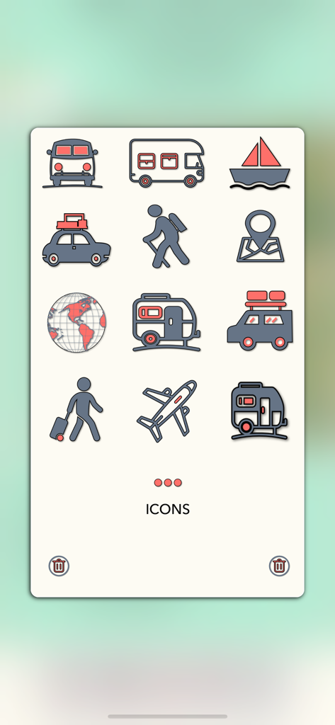 Travel Log App - Une grille d'icônes sur le thème du voyage représentant divers modes de transport et activités dans l'application.