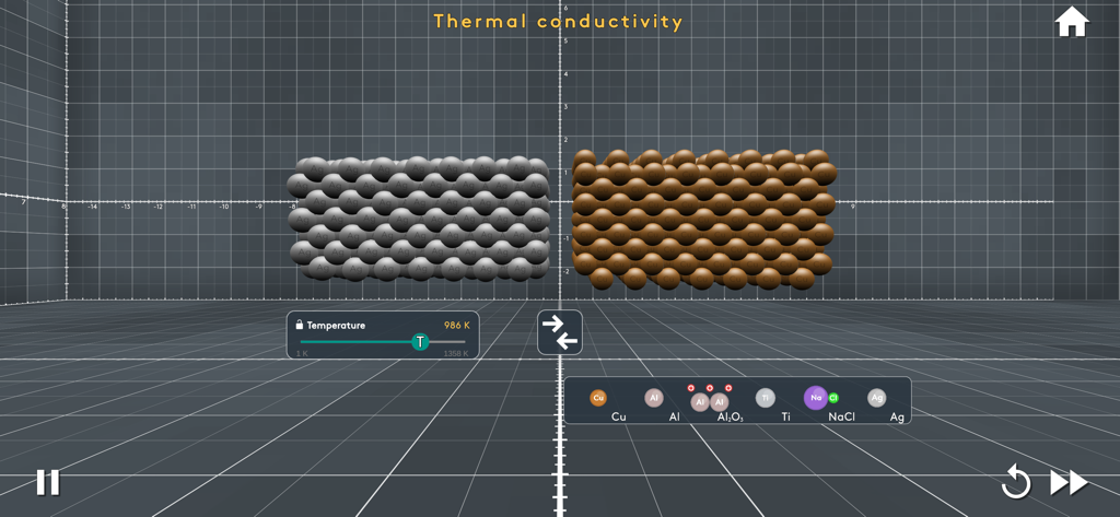 MEL VR Science Simulations - A 3D simulation of thermal conductivity showing molecular lattices and temperature controls in the MEL VR Science app