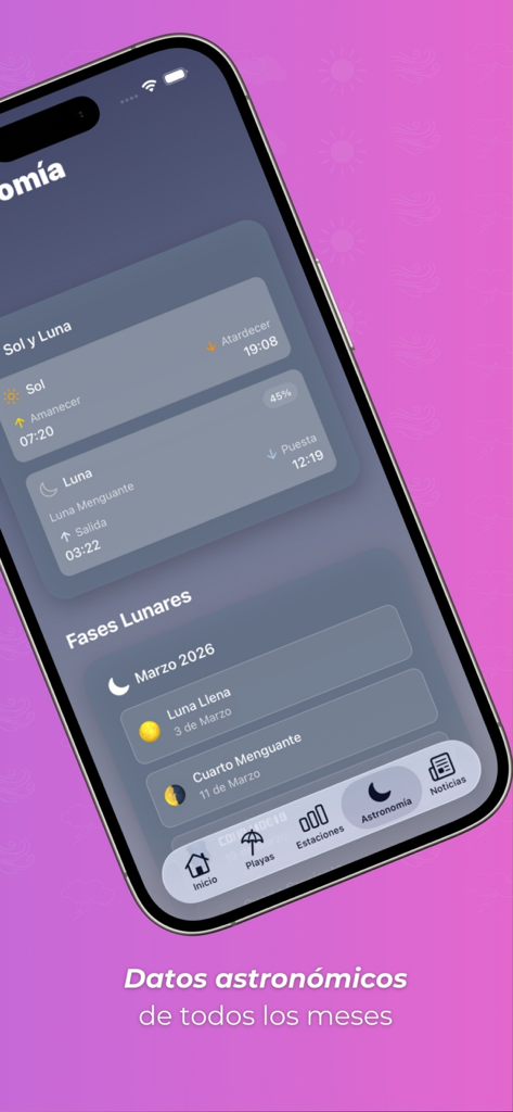 Astronomie-Bereich der MeteOrihuela App mit Mondphasen und Solardaten.