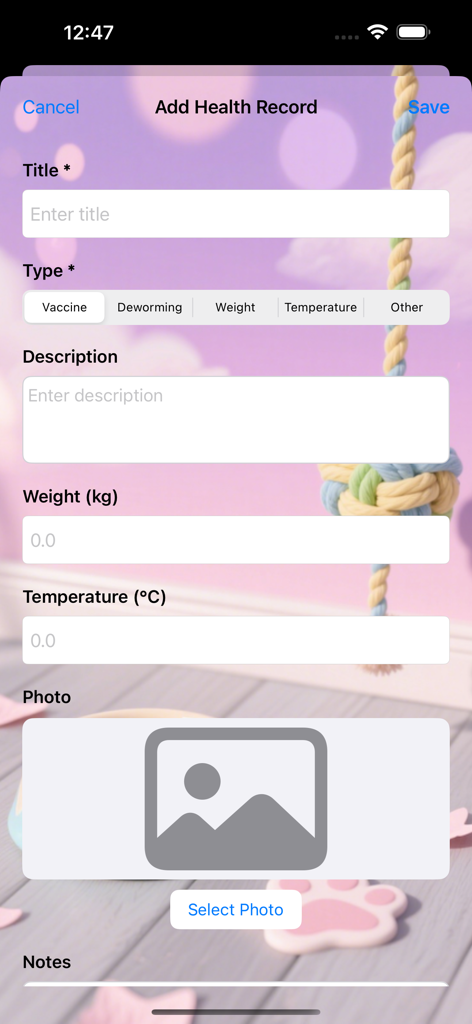 CutePenot - CutePenot mobile app screen for adding a pet health record with options for vaccine deworming weight and temperature