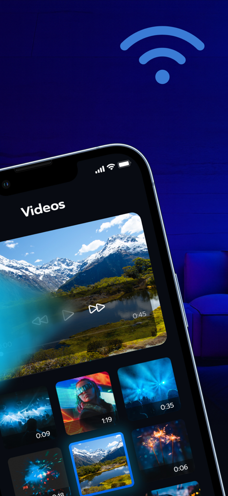 Screen Mirroring Miracast Easy - 무선 화면 미러링을 위한 동영상 갤러리를 보여주는 iPhone 앱 인터페이스