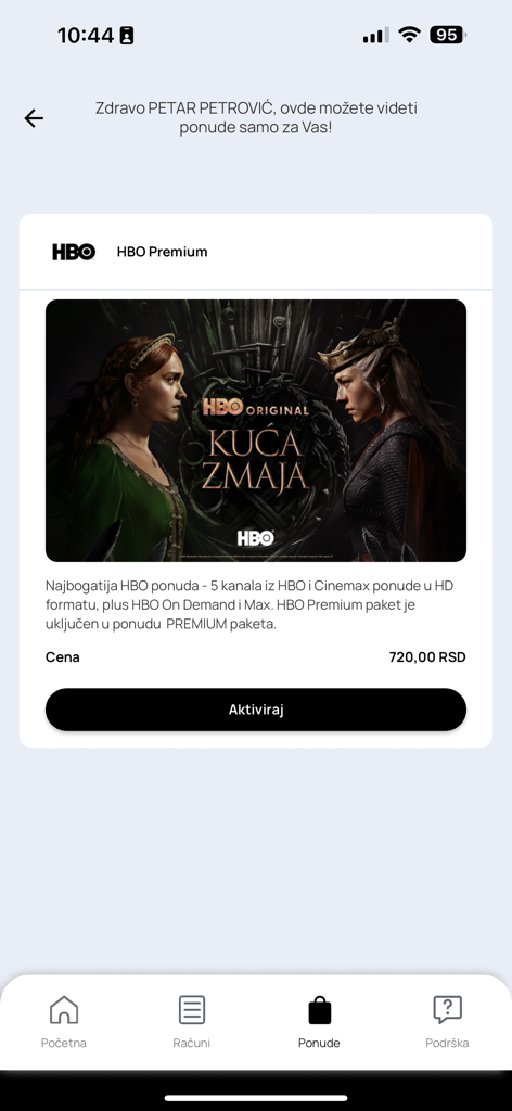 Moj SBB app interface showing an HBO Premium subscription offer with House of the Dragon cover art
