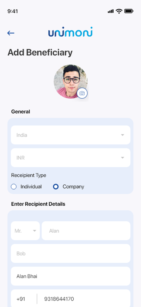 Unimoni Oman app interface showing the add beneficiary screen with recipient details for an international money transfer to India