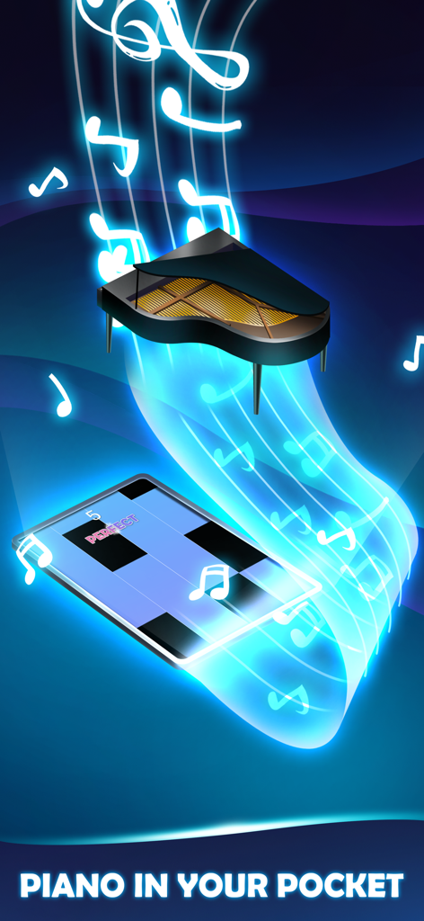 Un pianoforte a coda e note musicali al neon che fluiscono in uno schermo di smartphone con il testo 'pianoforte in tasca'.