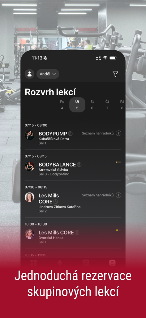 Mobile app screen showing a daily schedule for group fitness classes including BodyPump and BodyBalance