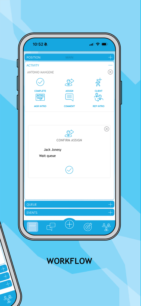 nextup mobile - Nextup Mobile App Workflow-Bildschirm, der eine Lead-Zuweisungsbestätigung für die Warteschlange zeigt