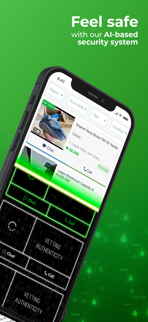 Oberfläche der Jiji Nigeria App, die ihr KI-basiertes Sicherheitssystem und ihren Verifizierungsprozess für sicheres Online-Shopping zeigt.