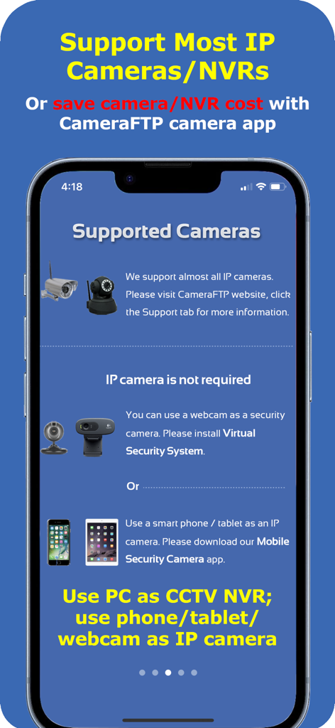 Mobile Security Camera - Screen showing supported devices for Mobile Security Camera including IP cameras webcams and smartphones