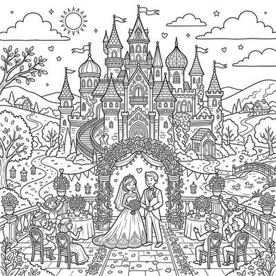 Step into a magical world with this beautiful fairy tale castle wedding coloring page. Capture the joy and romance of a royal wedding celebration with your favorite colors.