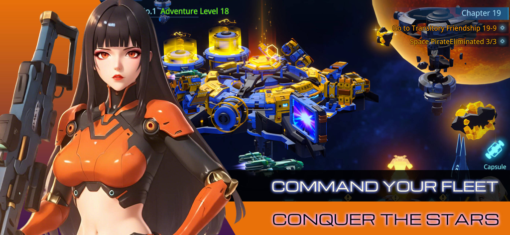 Angel Legion - Anime girl in orange tactical suit holding a rifle with a space station background