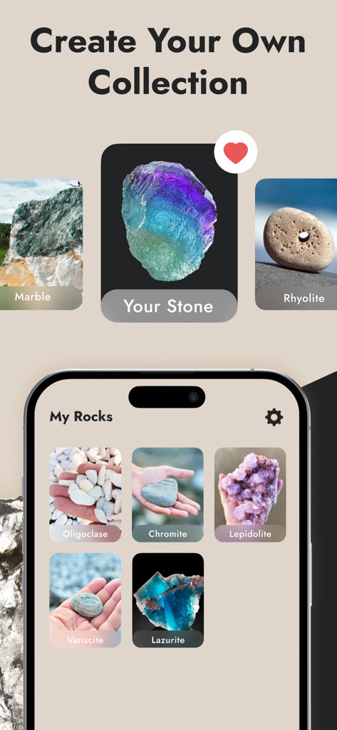 A mobile interface showing a personalized collection of identified rocks and crystals like Marble and Lazurite.