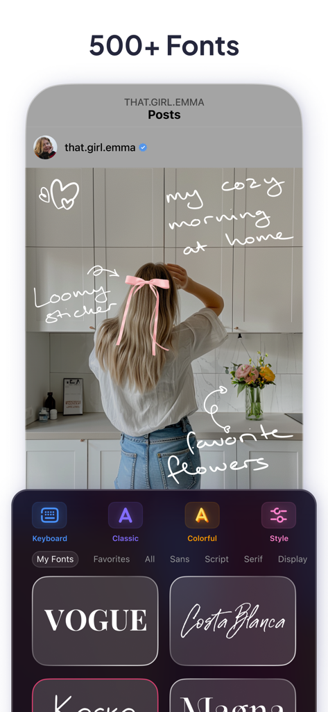LOOMY app interface showing aesthetic font styles and a customized Instagram post