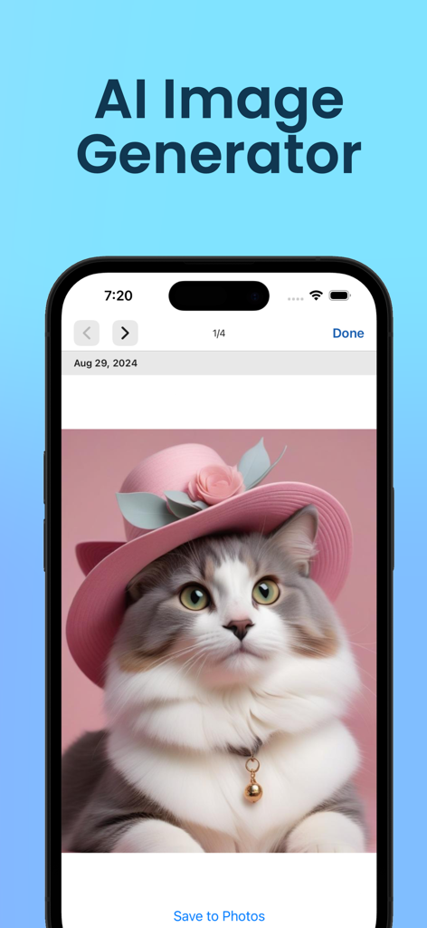 The AI Art Generator :Comfy UI - Una captura de pantalla móvil de la aplicación Generador de Arte IA que muestra una imagen generada por IA de un gato esponjoso con un sombrero floral rosa.