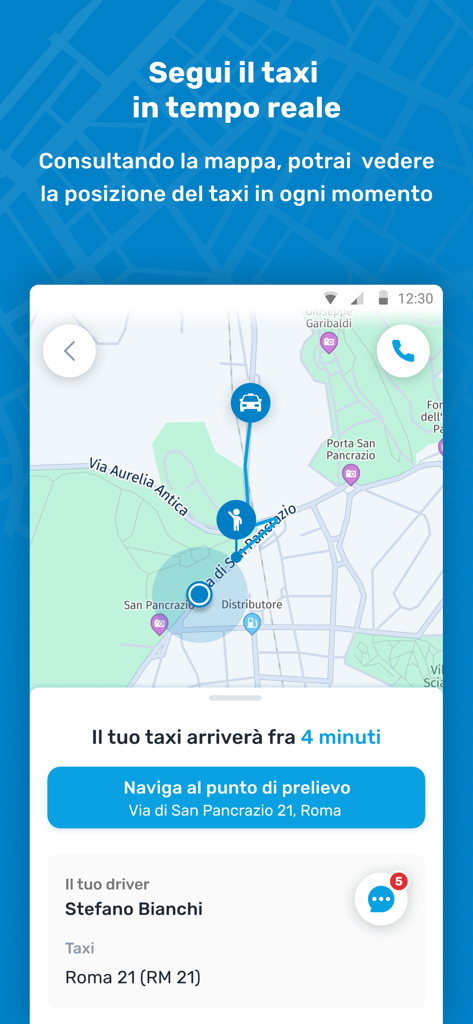 itTaxi - Interface do aplicativo móvel itTaxi mostrando rastreamento de táxi em tempo real em um mapa em Roma