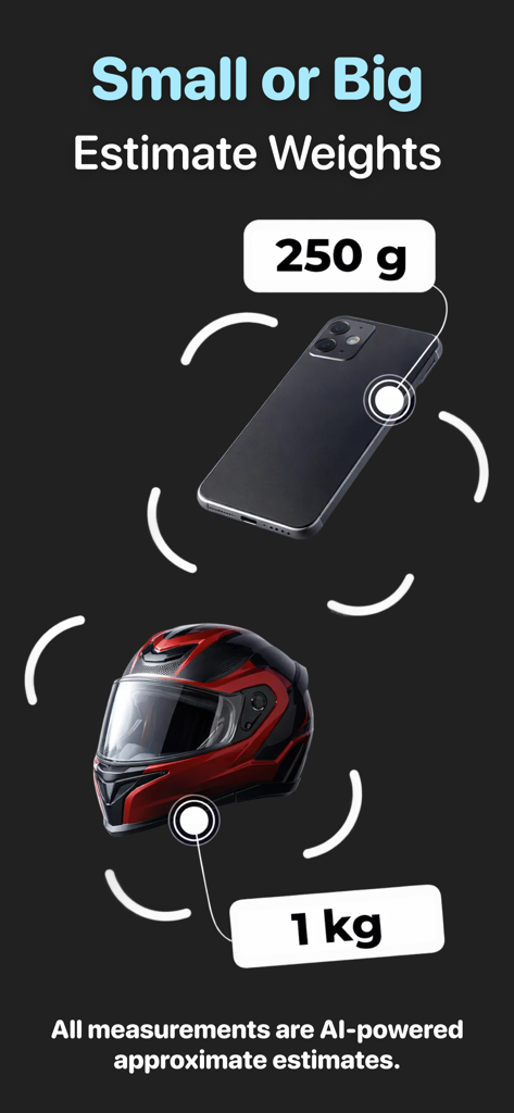 Scale Gram Digital Weight AI - Scale Gramアプリインターフェースがスマートフォンとヘルメットの重量推定を表示