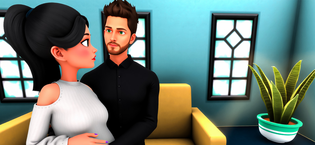 Animación 3D de una mamá y un papá embarazados sentados en un sofá en un juego de simulación de embarazo