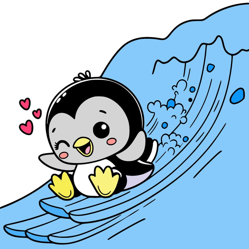 cute cartoon style penguin sliding on an icy slope