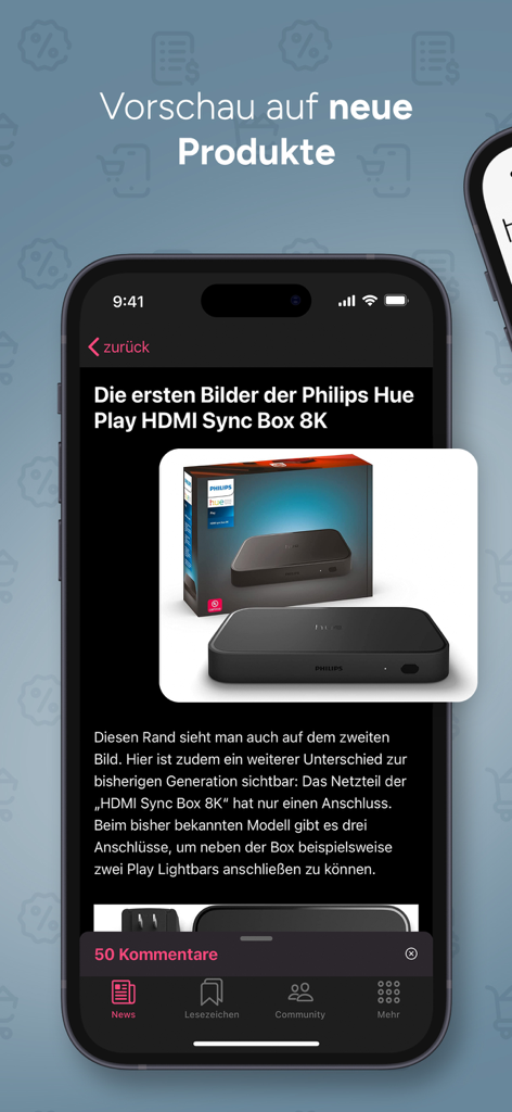Hueblog - Hueblog app interface displaying a news article and photos of the Philips Hue Play HDMI Sync Box 8K