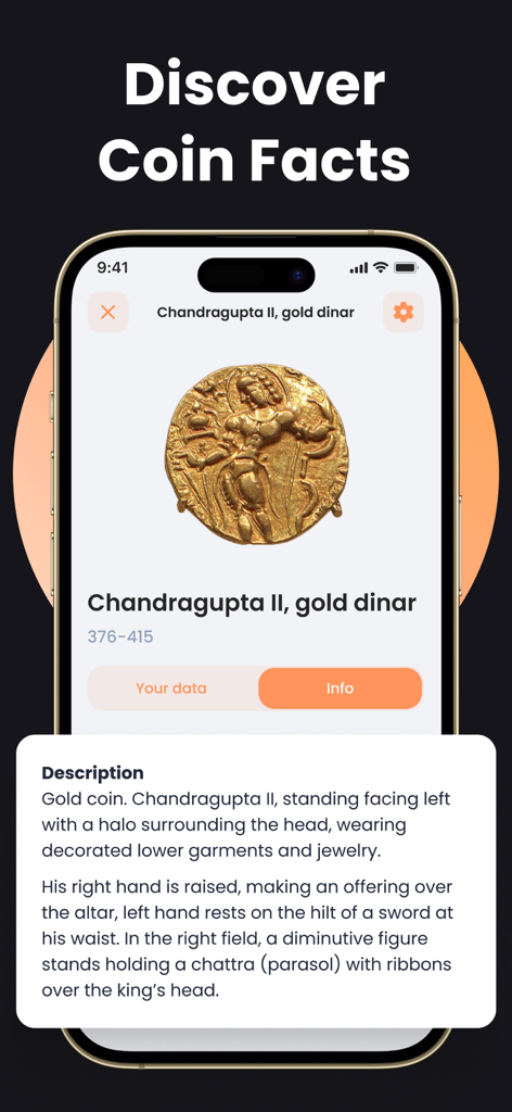CoinIn app interface displaying historical facts and a detailed description of a gold dinar coin