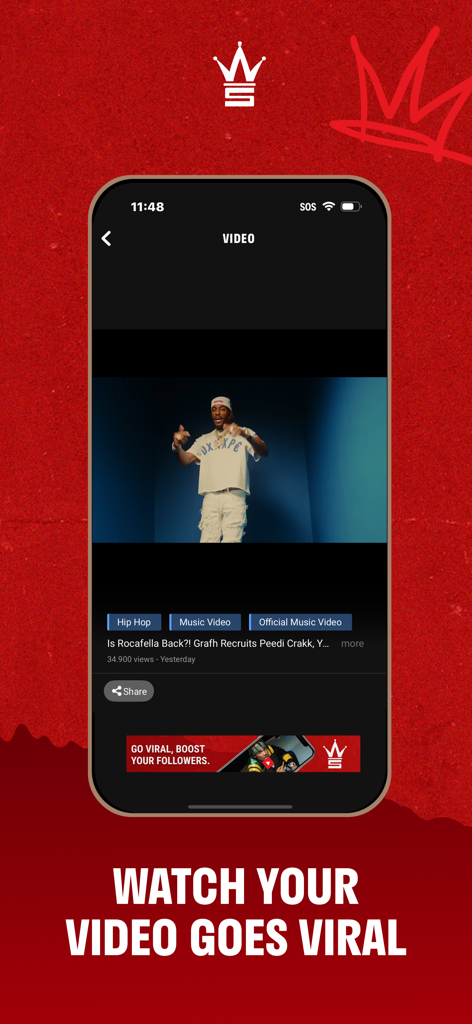 Worldstar HipHop app interface displaying a music video and viral content message.