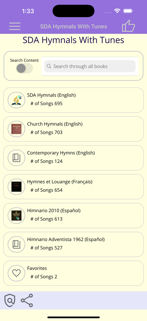 SDA Hymnals With Tunes - Menu dell'app SDA Hymnal che mostra innari multilingue