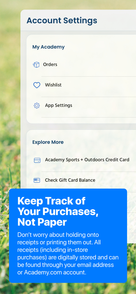 Academy Sports and Outdoors app account settings screen showing digital receipt management feature