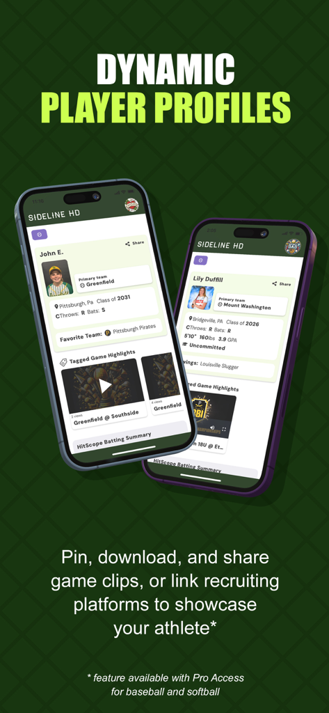 Due smartphone che mostrano profili di atleti giovanili con highlight di partite taggati e informazioni sul reclutamento nell'app sidelineHD