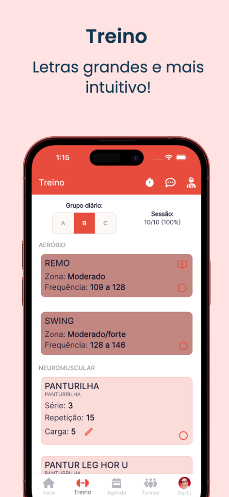 DG Aluno app interface showing a daily gym workout routine with exercise sets and repetitions