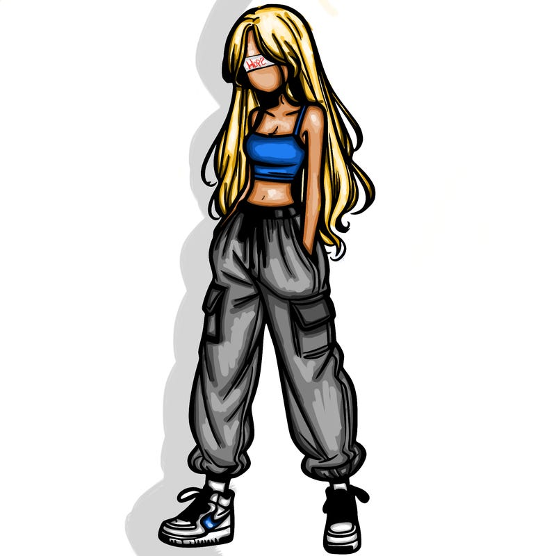 girl in baggy pants crop top and long hair