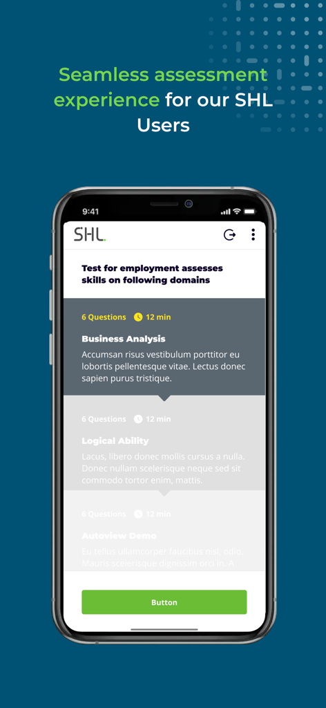 SHL Job Assessments - SHL職務アセスメントアプリのインターフェース、ビジネス分析および論理的思考能力の雇用テストドメインを表示