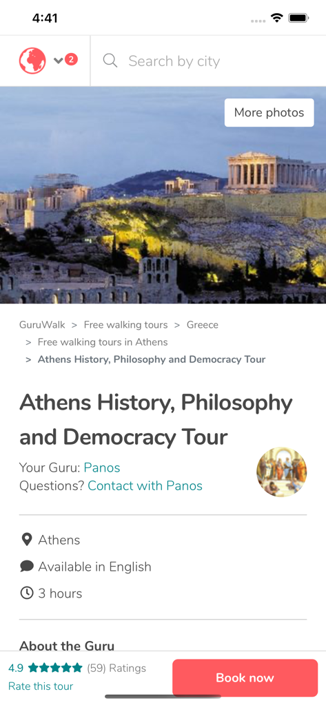 Schermata dell'app mobile GuruWalk che mostra i dettagli per un walking tour di storia e filosofia ad Atene