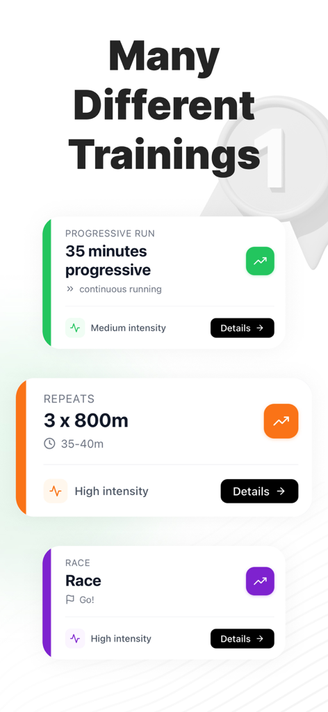 Couch to 5K Run: Running Plans - Interfaz que muestra una variedad de planes de carrera que incluyen carreras progresivas, repeticiones y preparación para la carrera en la aplicación Couch to 5K.