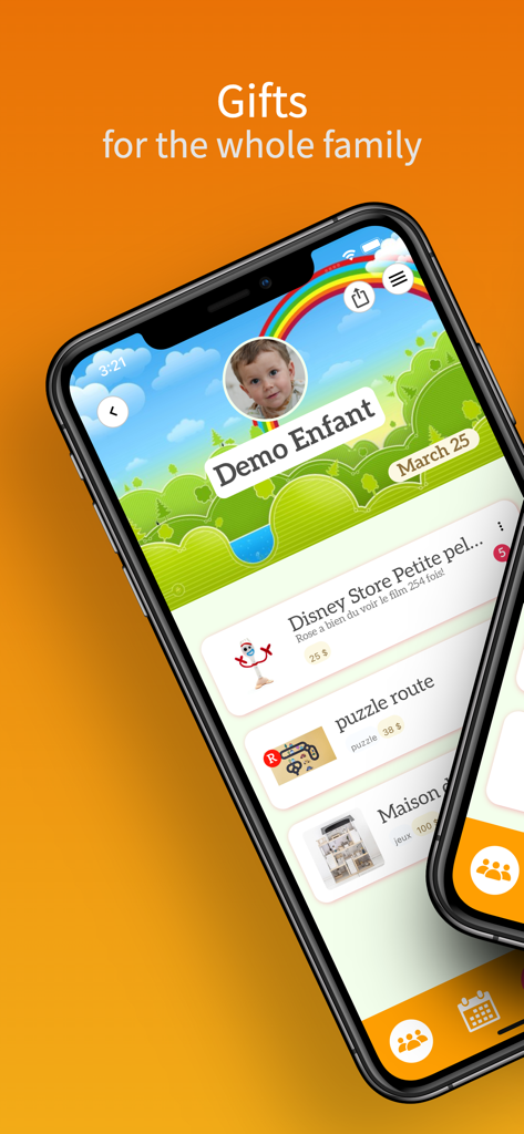 Una interfaz de aplicación móvil que muestra un registro de regalos de cumpleaños de un niño con una lista de juguetes y un tema lúdico