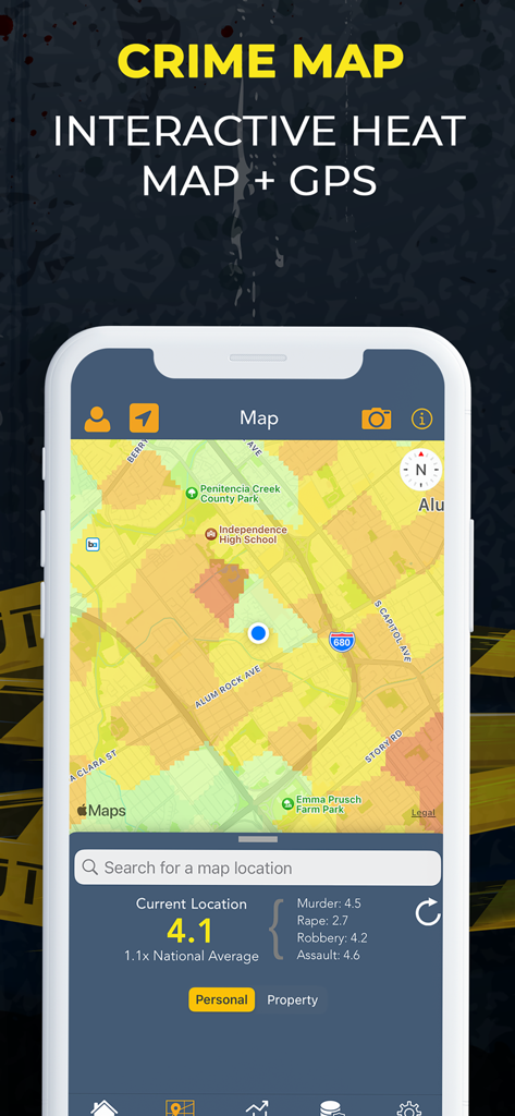 A mobile phone screen showing an interactive crime heat map with safety statistics and GPS location