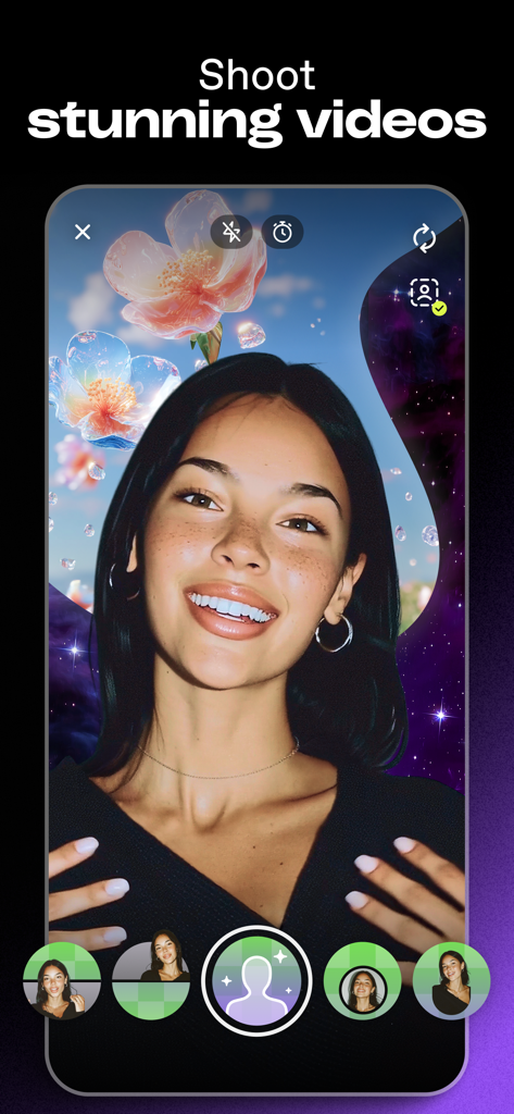 Interface of the Dailymotion app showing a user recording a video with creative background filters and green screen effects.