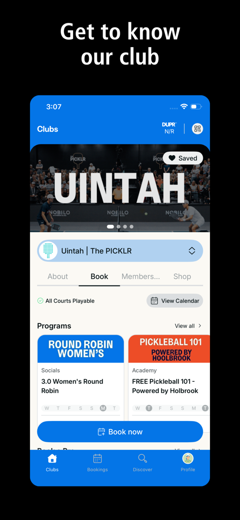 Interface of The Picklr app showing club details for Uintah location with court booking and program schedules