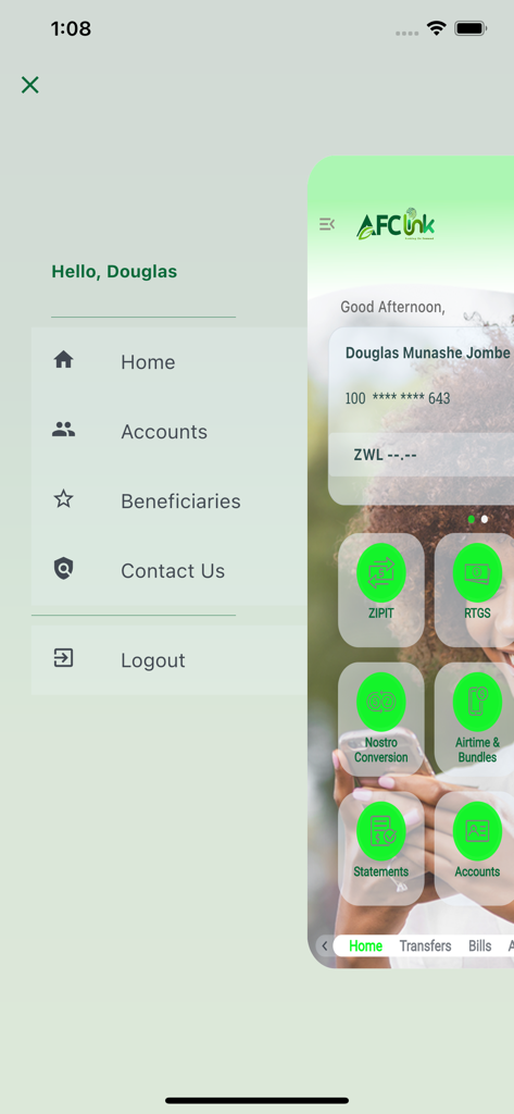 Menu e visão geral do painel do aplicativo de mobile banking AFC Link.