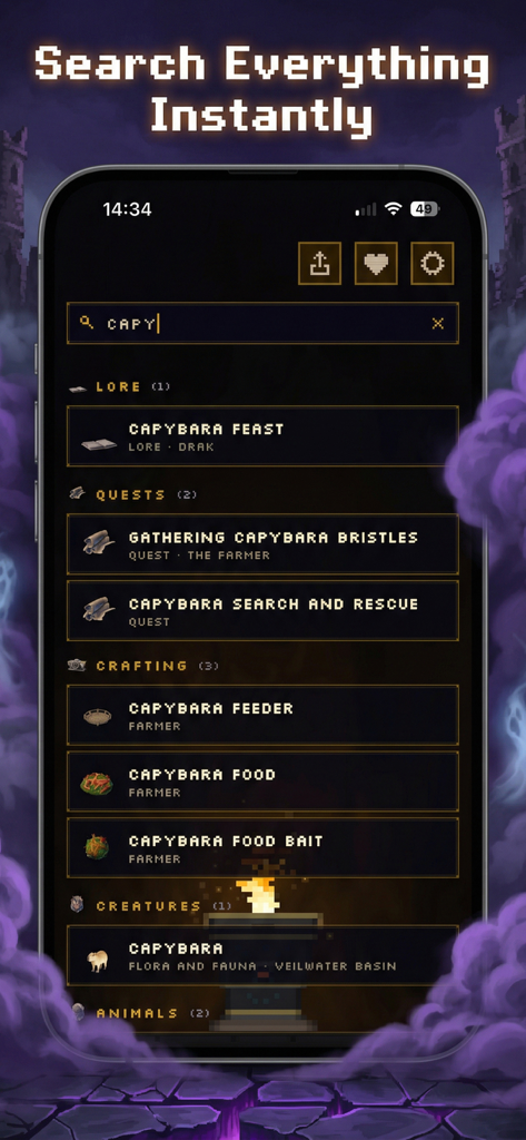 Companion for Enshrouded - Interfaz de búsqueda global de la aplicación compañera de Enshrouded que muestra resultados para misiones de capibara, artesanía y lore.