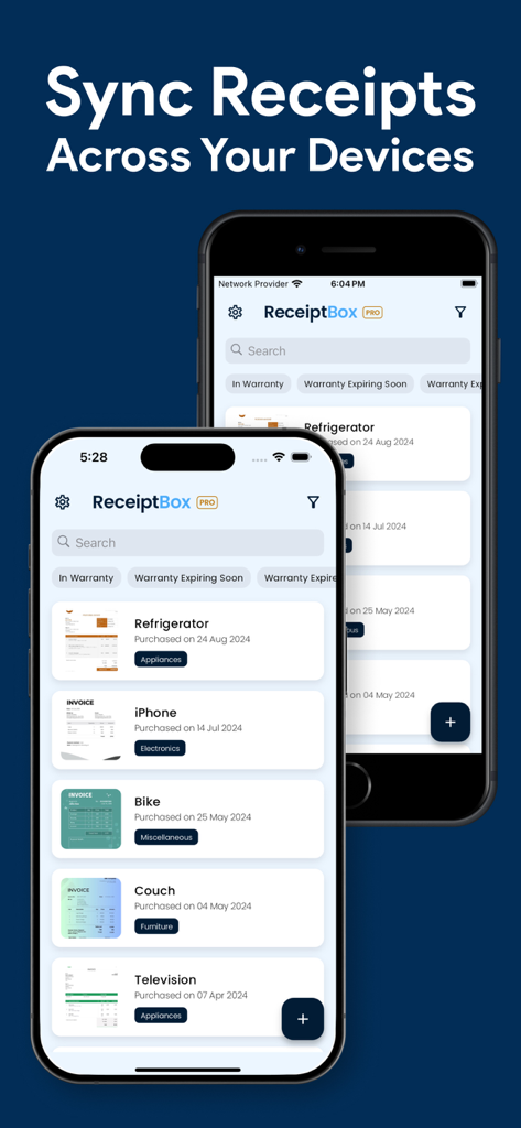 Receipt Organizer : ReceiptBox - ReceiptBox mobile app interface showing digital receipts and invoices synced across multiple devices