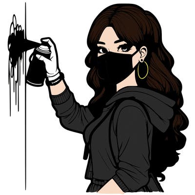 realistic girl with mask spray painting a wall